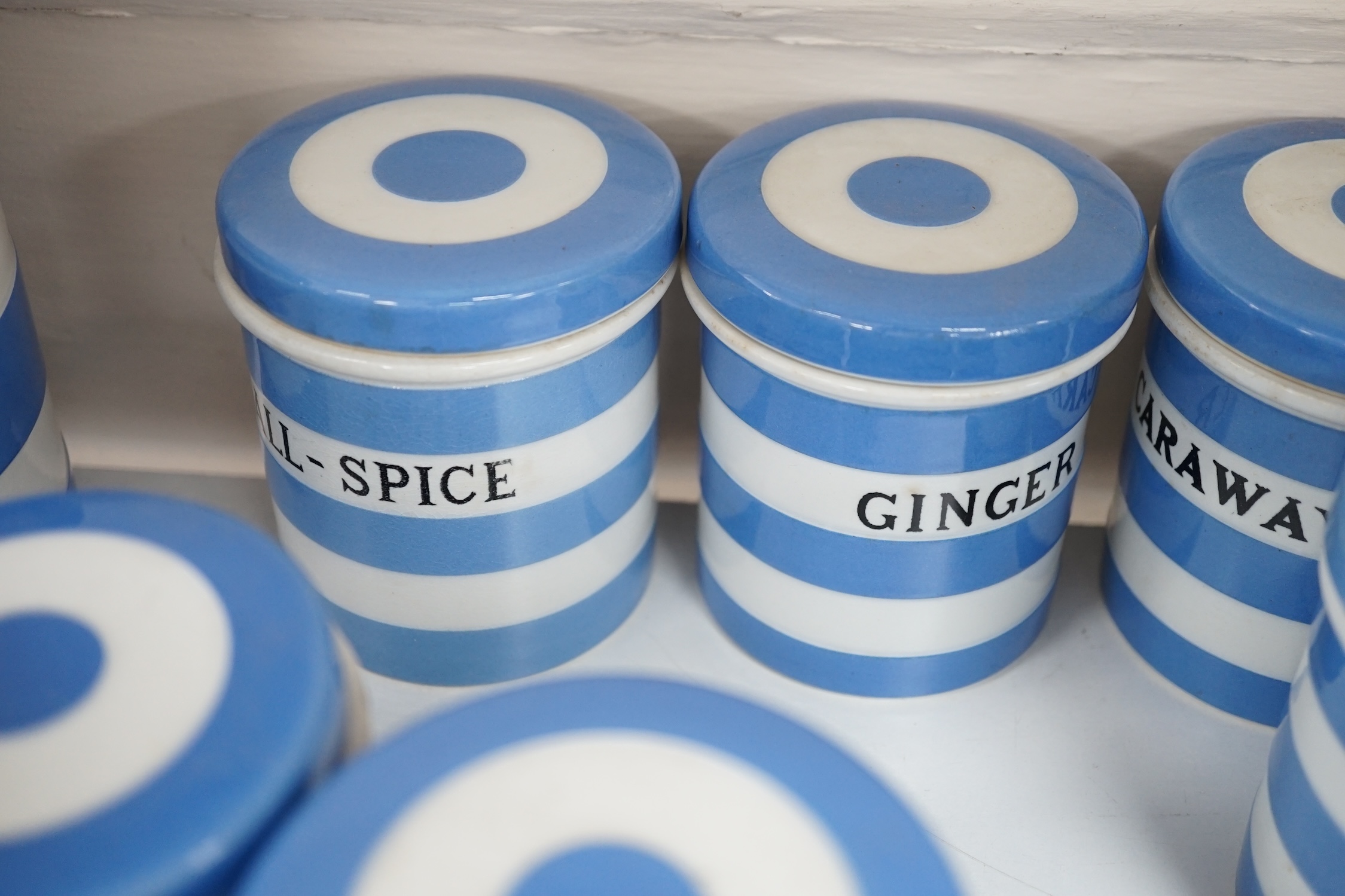 T.G.Green Cornish Kitchenware, thirteen 8.5cm lidded storage jars to include Ginger, Caraway-Seeds, Cream of Tartar, Cinnamon, Spice and Cloves, Black Shield marks, (lacks one lid and one a.f.) Condition - poor, fair and
